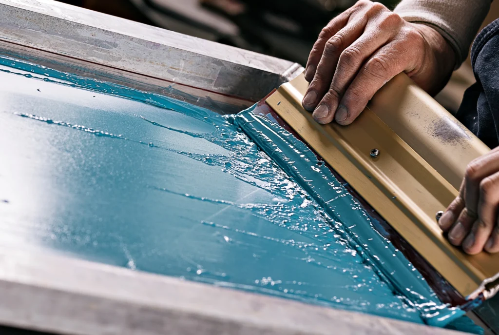 Nahaufnahme eines Siebdruckprozesses, bei dem eine Hand blaue Farbe mit einem Rakel über das Sieb zieht.